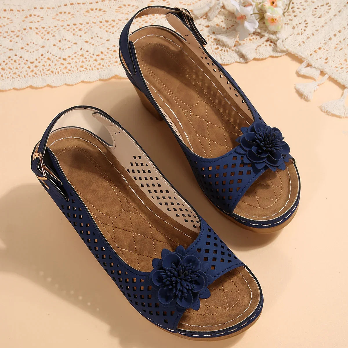 Cyflymder  Summer Fashionable Floral Thick High Heels Sandals for Women Strap Hollow Large Size Women's Shoes Platform Sliding Sandals