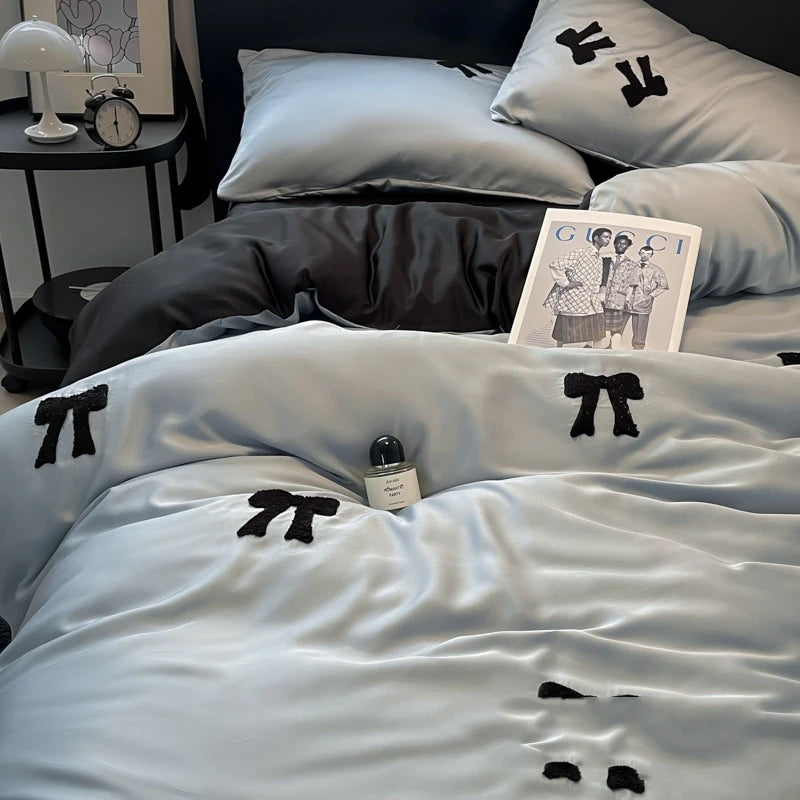 Cyflymder  Nordic Style Rayon Silk Bow Embroidery Bedding Sets Ice Silk Duvet Covers Bed Sheet Pillowcases Queen/king Bedclothes for Summer