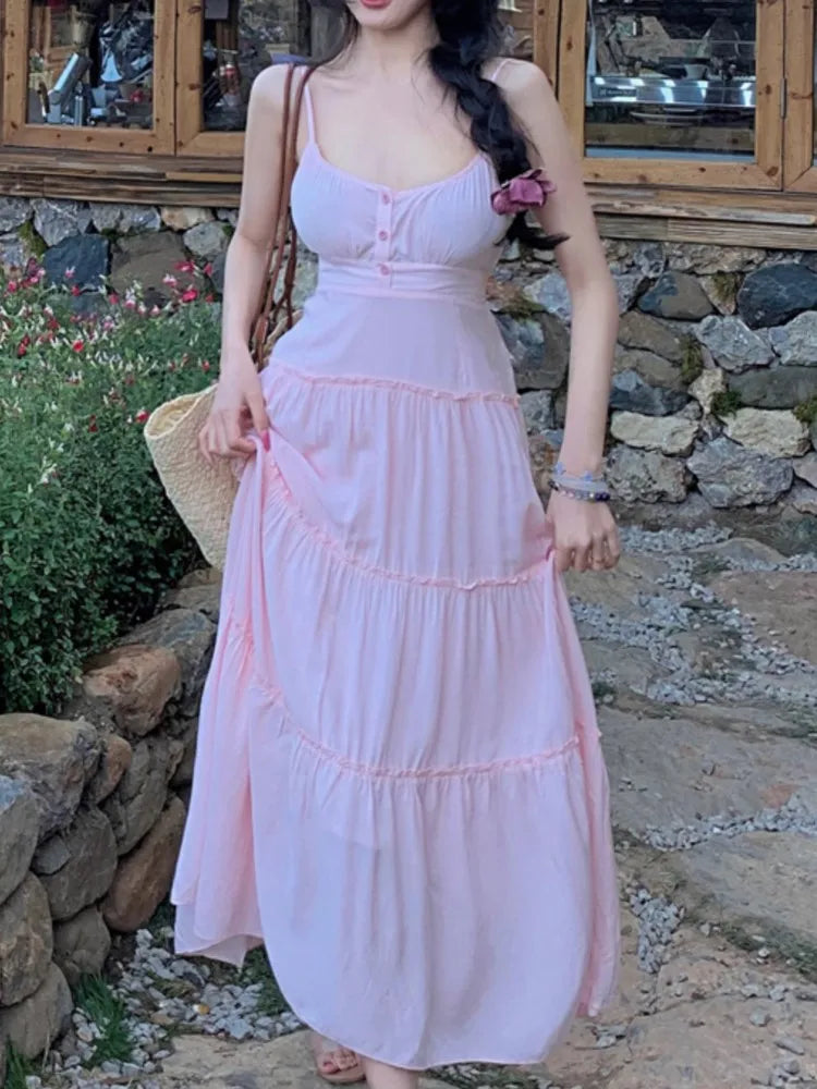 Cyflymder  Pink Summer Sexy Long Dress Women Fashion High Waist Sleeveless Solid Straps Dress Casual Elegant Party  Lady Dresses