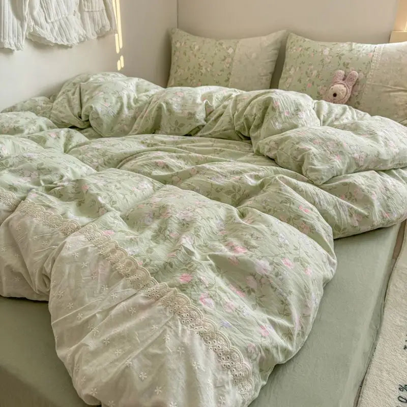 Cyflymder  INS French Style Fresh Floral Lace Trim Four-Piece Set Washed Cloud Cotton Quilt Cover Bed Sheet Dormitory Bed Sheet Sets