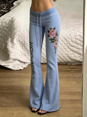 Cyflymder  Flower Letter Printed Drawstring Flared Pants Low Waist Loose Fit Fashion Long Pants Elegant Streetwear Casual Trousers