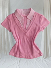 Cyflymder  Stripes Faux twofer top Slim Y2K Women Shirts Fashion Coquette Vintage Tops Sweet Cute Aesthetic Classic Pink V-neck Clothing