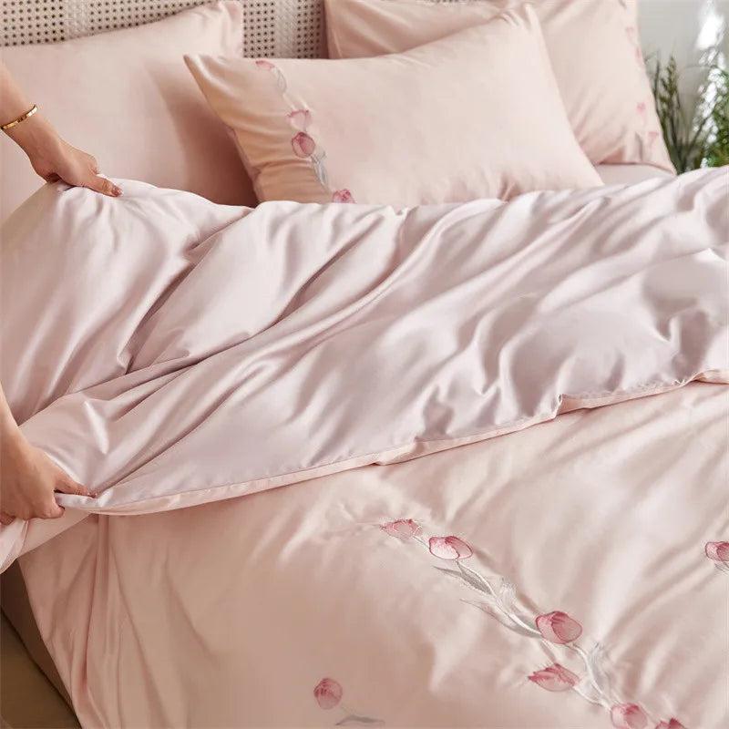 Cyflymder  Long-staple Cotton Floral Blossom Embroidery Comfortable Ultra Soft (1Duvet Cover+1Flat Bedsheet/Fitted Bedsheet+ 2Pillowcases)