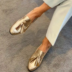 Cyflymder   Gold Tassel Slip On Boat Shoes Loafers Flat Heels Women's Shoes