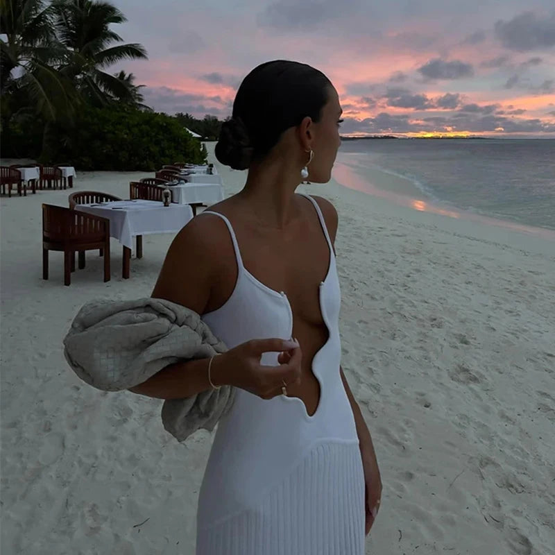 Cyflymder  Sexy Sleeveless Backless Pleated Hem Resort Sling Dress 2025 Women Evening Dress Elegant Solid Color Irregular V Neck Maxi Dress