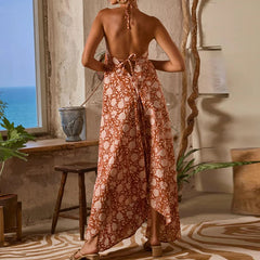Cyflymder  Sexy Dress Vintage Floral Print Halter Women's Long Dress Fashion Hollow Out Backless Party Dress Bohemian Sleeveless Suspender