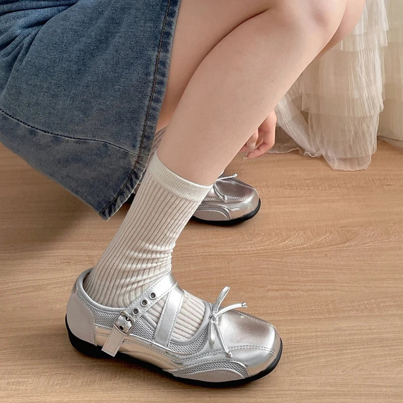 Cyflymder  Spring Silvery Thick Bottom Women Mary Jane Shoes Ladies Casual Shallow Single Leather Shoes Eelgant Round Toe Shoes