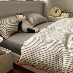 Cyflymder Simple Striped Shell Edge Bedding Sets Washed Cotton Fabric Cozy Fitted Sheet for Home Non Fading Bedclothes Set for Single Bed