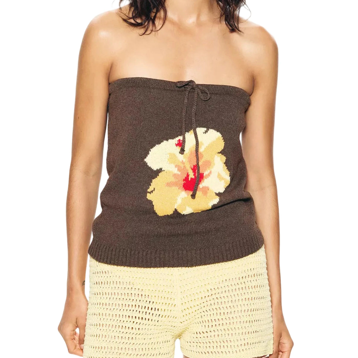 Cyflymder  Elegant Floral Print Off Shoulder Blouse Chic Knit Bandeau Shirt with Bow Detailing and  Fit for Summer Fashion