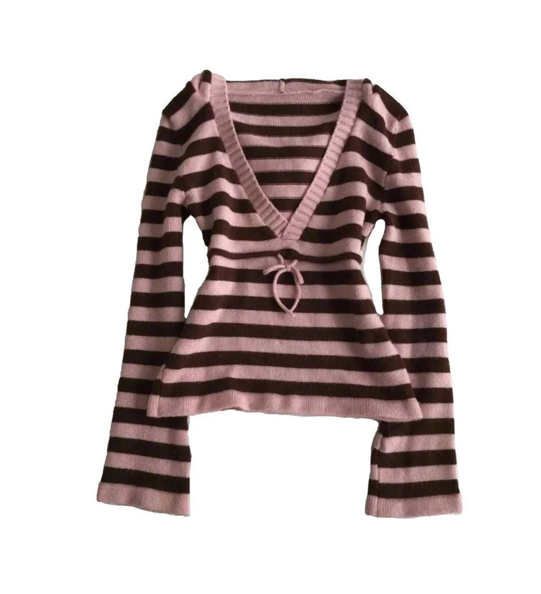 Cyflymder  Women's Y2K Striped Deep V-neck Form-fitting Flared Sleeve Autumn/Winter Top Retro Casual 2000s Punk Sweet Cool Pullover Shirt