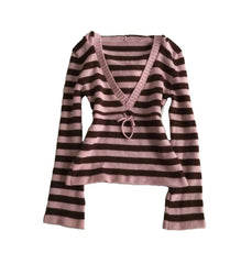 Cyflymder  Women's Y2K Striped Deep V-neck Form-fitting Flared Sleeve Autumn/Winter Top Retro Casual 2000s Punk Sweet Cool Pullover Shirt