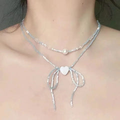 Cyflymder  Fashion Colorful Beaded Bowknot Love Heart Pendant Necklace for Women Girls Purple Double Layer Clavicle Neck Aesthetic Jewelry
