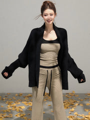 Cyflymder  Y2k Aesthetic 3 Piece Sets Grunge Loose Solid Cardigan + Patchwork Fairy Vest + Drawstring Stripe Flared Pants Autumn Outfits