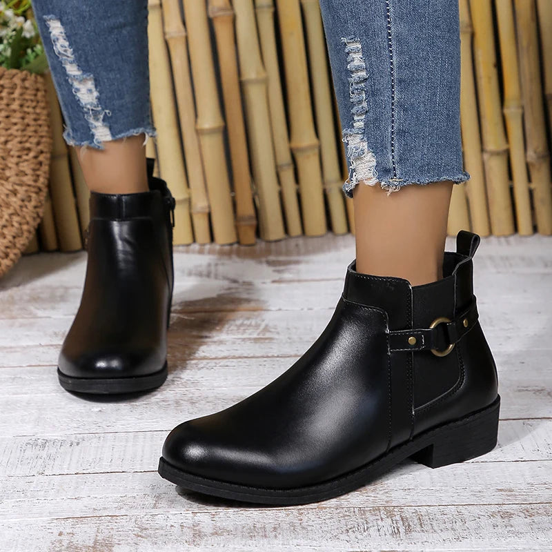 Cyflymder Pu Leather Classics Black Thick Heel Ankle Boots Metal Zipper Low Platform Woman Shoes Winter Round Toe Slip On Short Boots