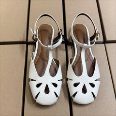 Cyflymder   Summer Women Flat Sandals Breathable Hollow Out Retro T-strap Design Square Toe Casual Travel Roman Ladies Beach Shoes