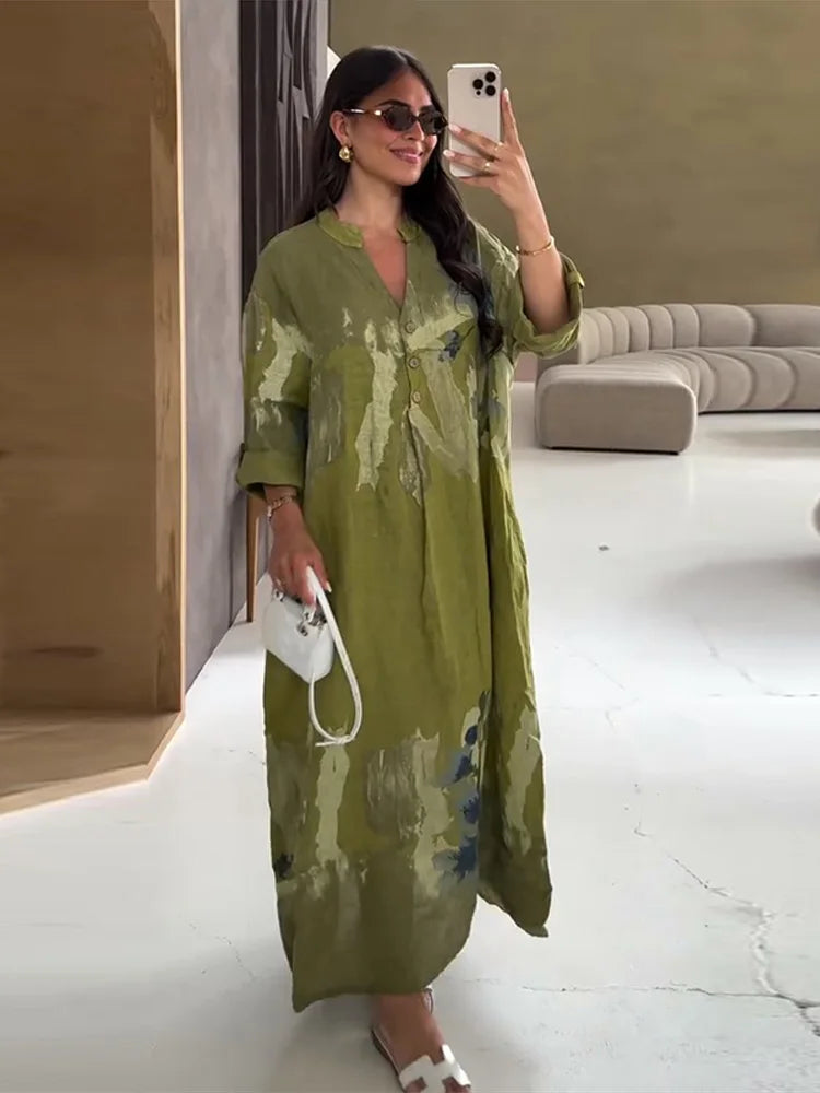 Cyflymder  Button Printed Oversize Midi Dress Women V-neck Fashion Holiday 2025 Autumn Dresses Long Sleeve Tie-dye Street Loose Female Robe