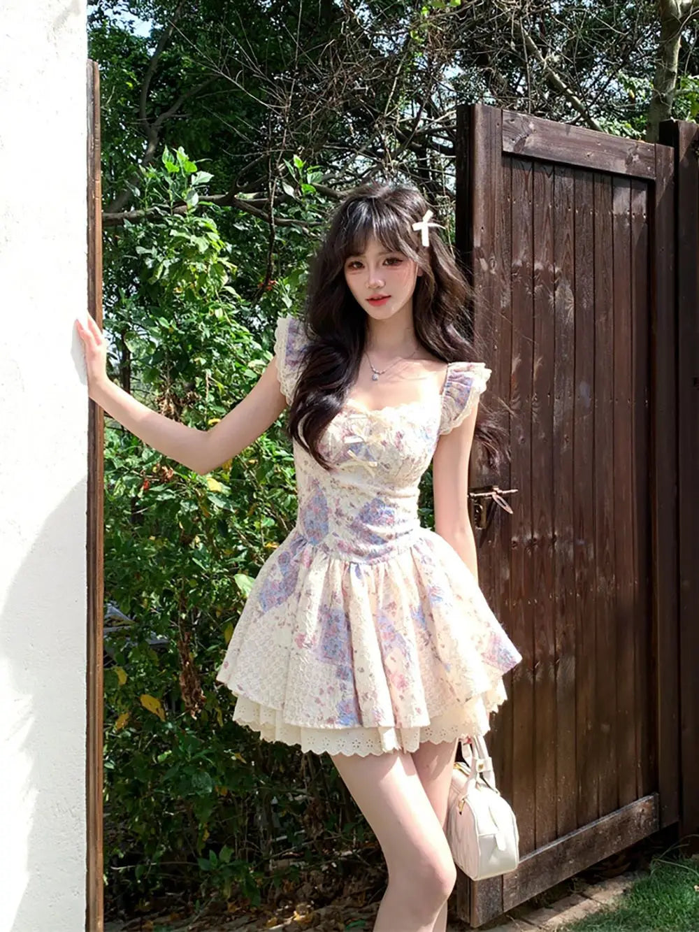 Cyflymder  New French Flutter Sleeve Dress Women Lace Trim Flared Skirt Sweet Cute Mini Length Slimming A Line Silhouette Princess Party