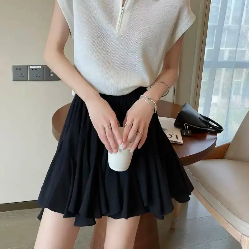 Cyflymder  Korean Pleated Fashion Irregular Mini Skirts Women's Clothing High Waist Summer Ruffles A-Line Elastic Basic Solid Color Skirts