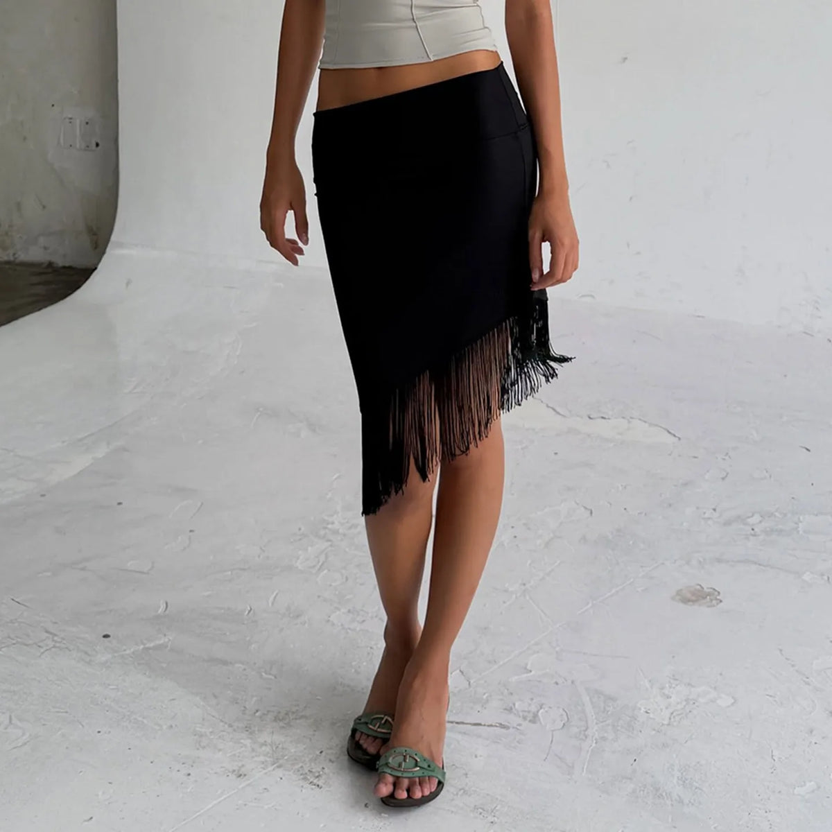 Cyflymder  Women's Latin Dance Fringe Skirt High Waist Asymmetrical Tassel Bodycon Midi Skirt Stretch Slim Fit Elegant Black Soft Bottoms