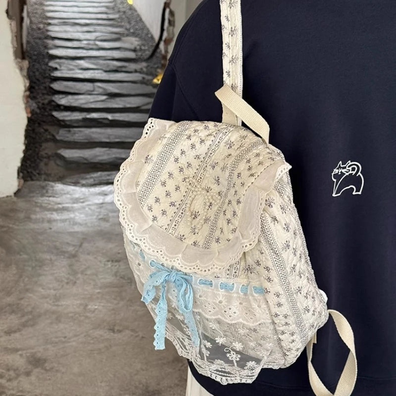 Cyflymder  Korean Lace Patchwork Sweet Bow Backpack Women Students Chic Flower Print Bow Schoolbags Y2k Aesthetic Girls All Match Backpacks