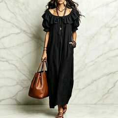 Cyflymder  Summer Woman Dress Round Neck Short Sleeve Ruffle Dresses Women's Summer Loose Fit Maxi Dress Chiffon Boho Style Casual Dress