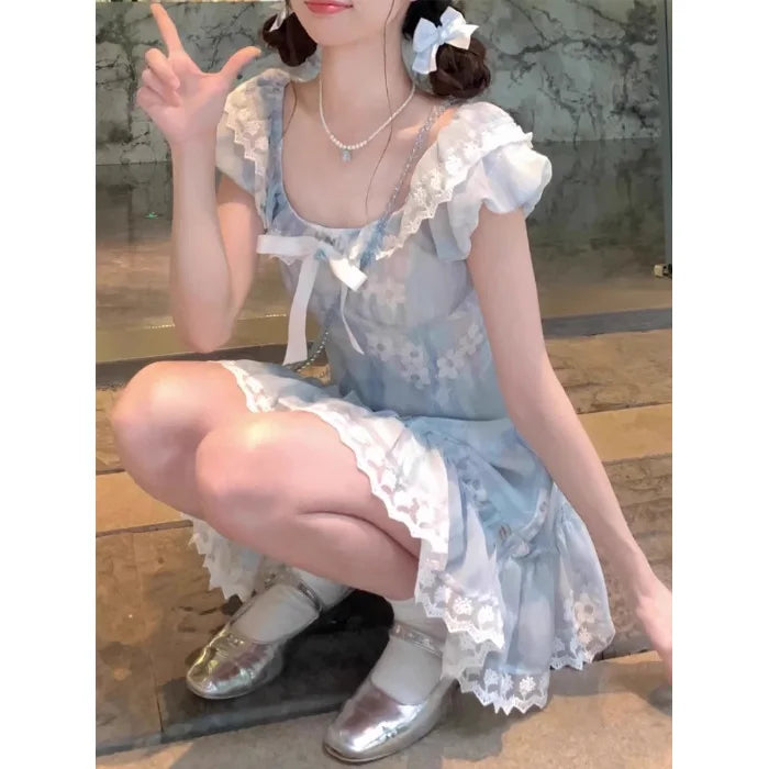 Cyflymder  Artistic Short Skirt Dress Women's Summer Dopaamine First Love Pure Blue Floral Puffy Cake Dress Milk Breathiness