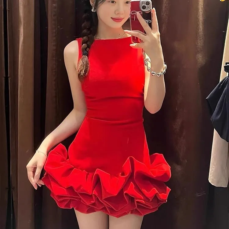 Cyflymder  Elegant Women Mini Dress Slim O-neck Sleeveless O-neck Mini Dresses Female Ruffle Pleated Party Club Lady Vestidos
