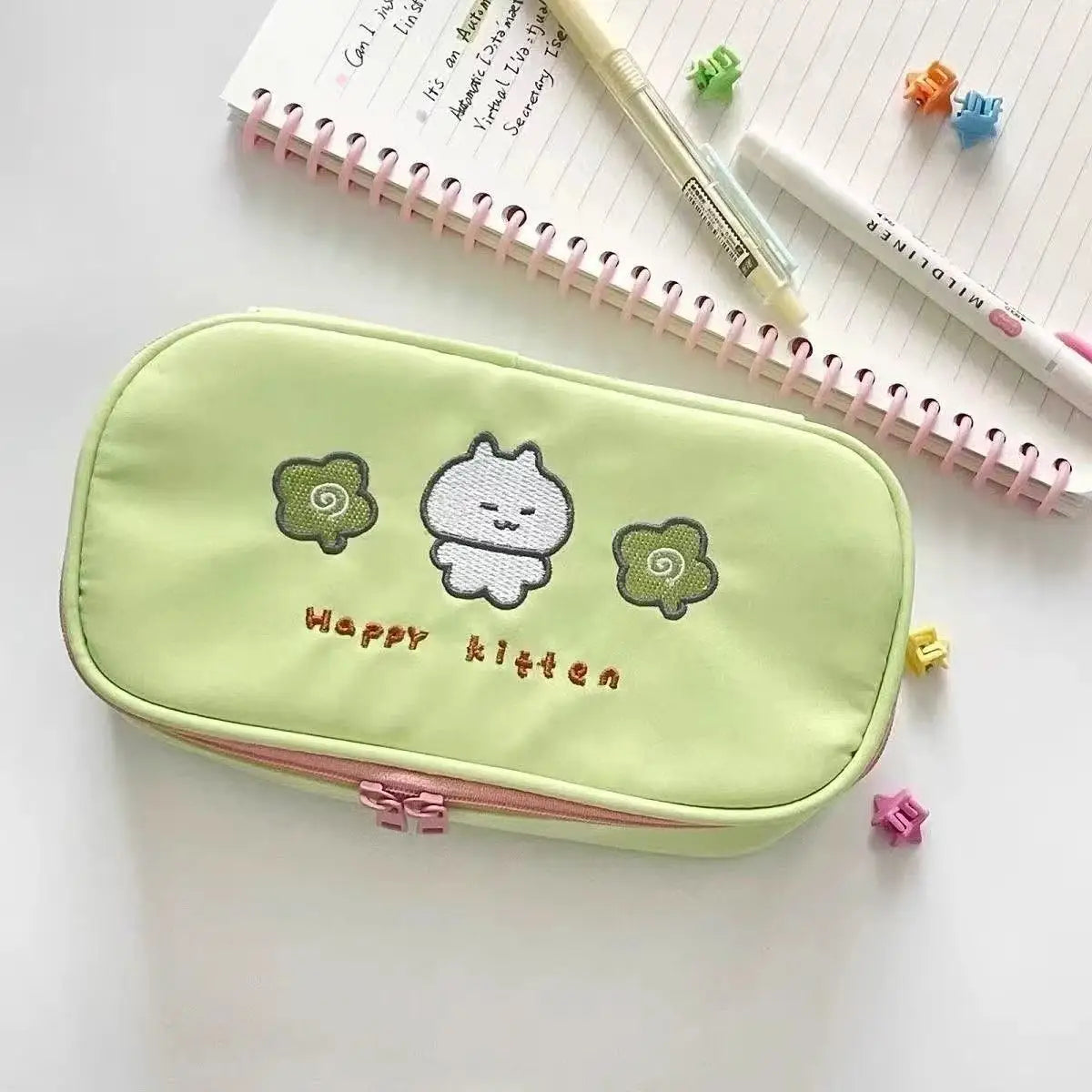 Cyflymder  Cute Cartoon Embroidery Pencil Case for Kids Boy Girl Kawaii Clover Kitten Stationery Organizer Portable Large Capacity Pen Bag