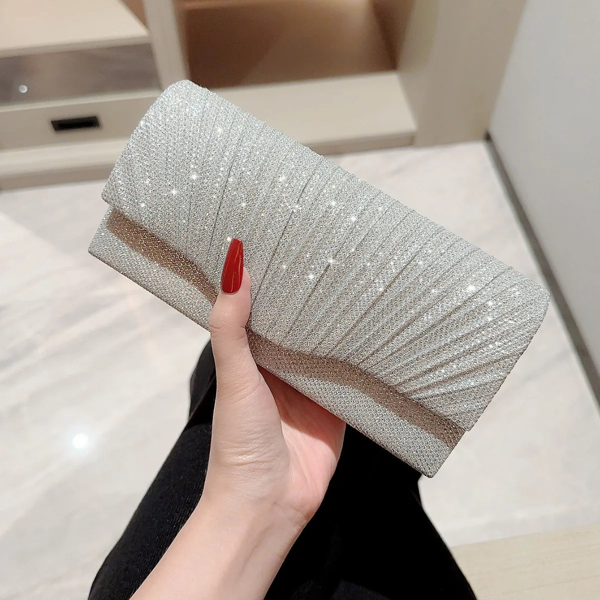 Cyflymder Ladies Glitter Silver Clutch Bag Envelope Evening Bag Fashion Elegant Long Purse Women Chain Shoulder Bags Wedding Party Handbag