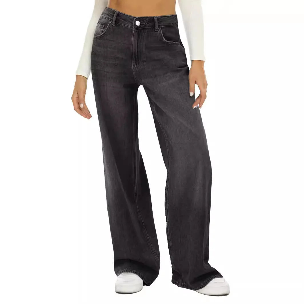 Cyflymder  Simple cat whisker bayonet crafted loose wide leg comfortable jeans for woman
