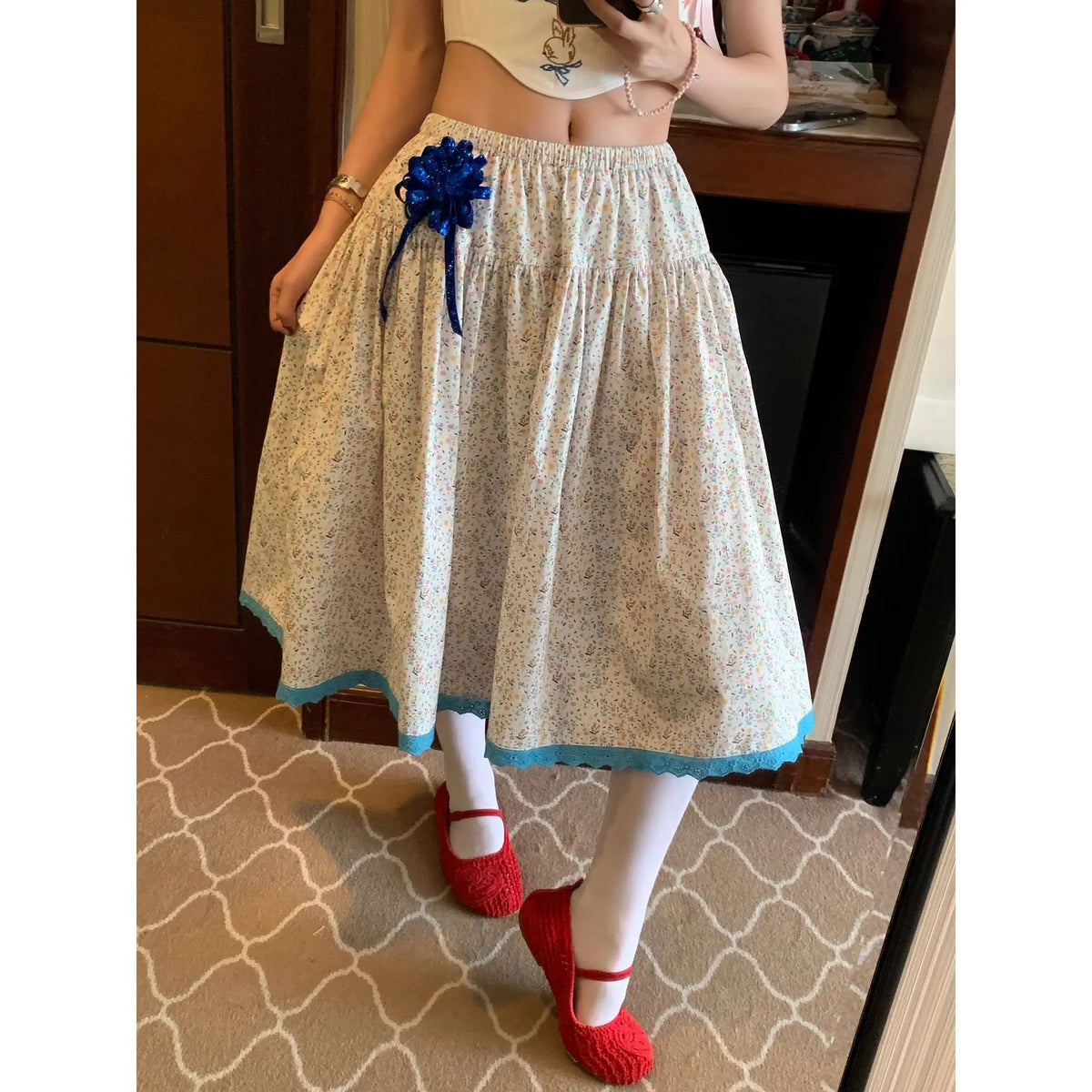Cyflymder  Blue-edged Contrasting Small Floral Skirt Women's New Summer Retro French Pastoral Midi Skirt