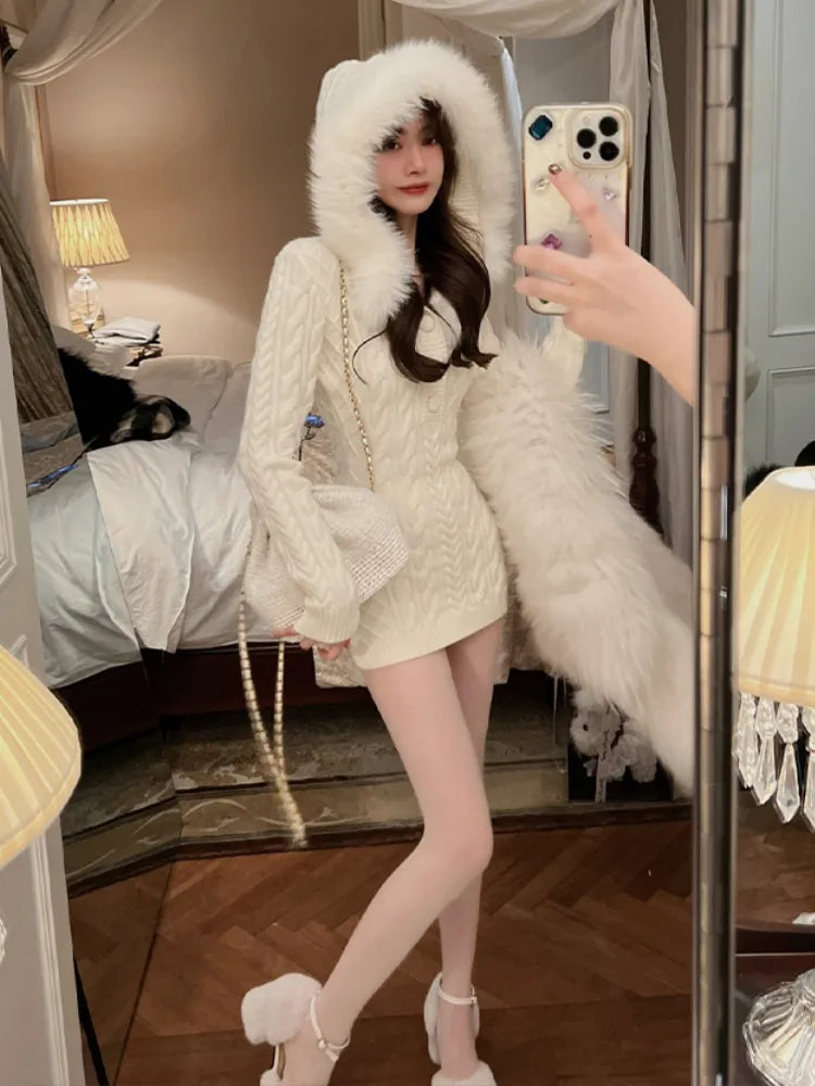 Cyflymder Winter Knitted Sweater Dress with Hooded Women Slim Bodycon Y2k Mini Dress Faux Fur Female One Piece Dress Korean Elegant