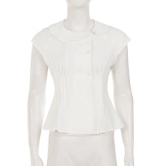 Cyflymder  Korean Fashion Peter Pan Collar Folds White Blouse Y2K Aesthetics Girls Slimming Single Breasted Short Sleeve Shirts Summer Tops