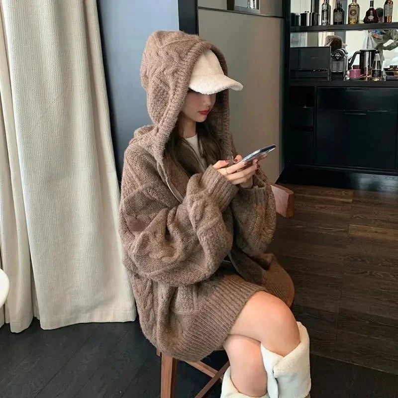 Korean Knit Cardigan Hooded Women Fashion Winter Casual Loose Zipper Thick Sweater All Match Female Streetwear Coats New Cyflymder