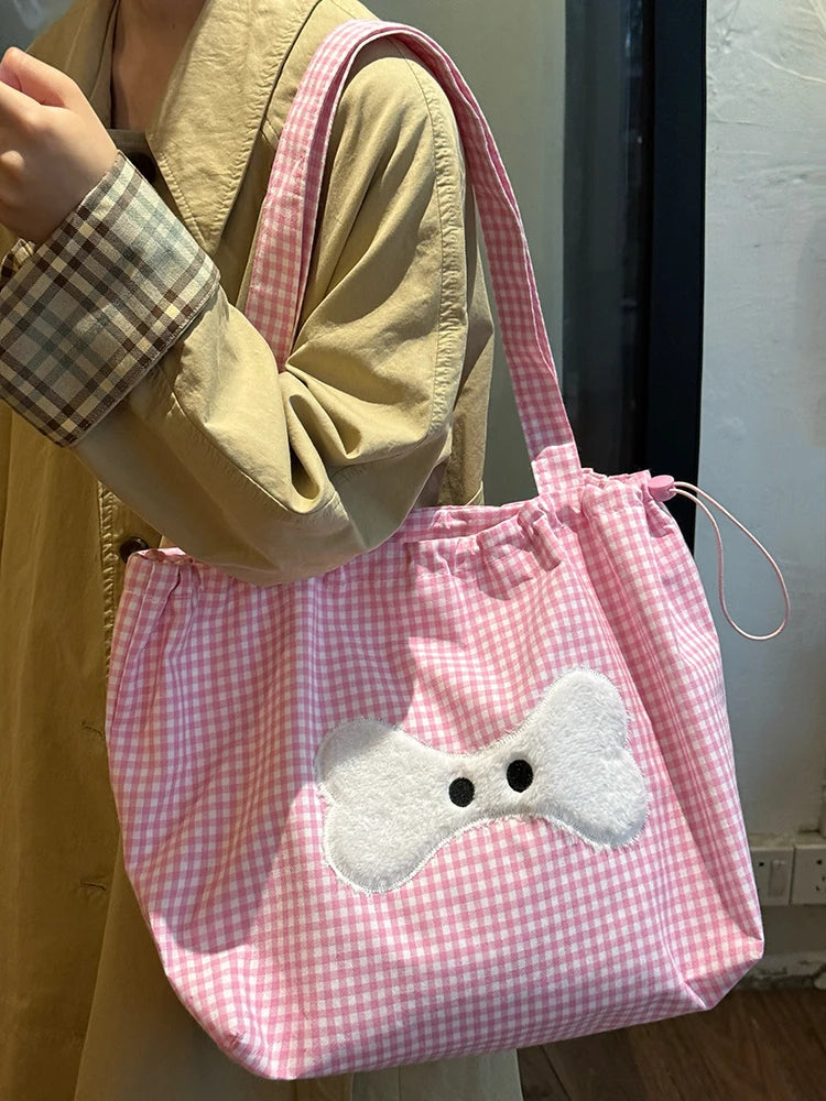 Cyflymder  Sweet Y2k Aesthetic Kawaii Plaid Shoulder Bags All Match Women Drawstring Casual Handbags New Fashion Grunge Canvas Underarm Bag
