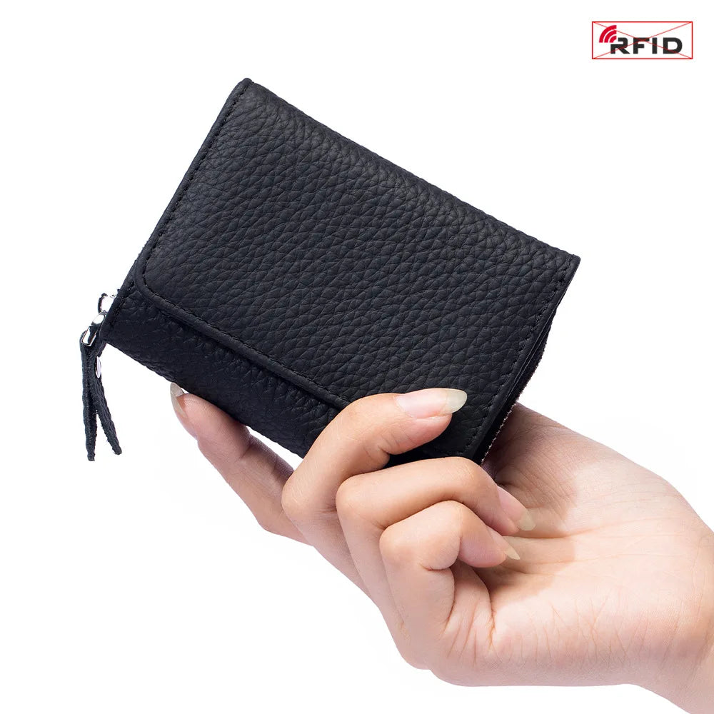 Cyflymder Genuine Leather RFID Short Wallets Card Holder Bag Portable Cowhide Small Zipper Money Coin Purse For Men Women Earphone Pouch