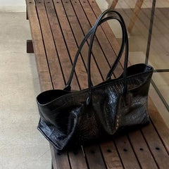 Cyflymder  Retro Black Tote Bag Women Faux Crocodile Embossed Leather Large Capacity Shoulder Bag Ladies Fashion Commute Versatile Handbag