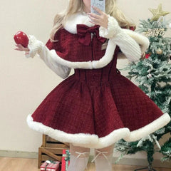 Cyflymder Christmas Outfits Sweet Lolita Style Dress Sets Women Elegant Bow Plush Shawl Short Jackets Mini Skirts Suit Kawaii Christmas New Year 3 Piece Set