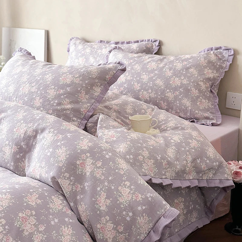 Cyflymder  Korean Princess Floral Ruffles 100% Cotton Double Layer Yarn Soft Bedding Set Single Queen King Duvet Cover Bed Sheet Pillowcase