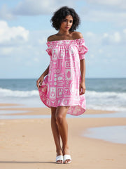 Cyflymder  Square Neck Short Sleeve A-line Mini Dress with Pattern Print Women s Summer Beach Dress in Floral Design