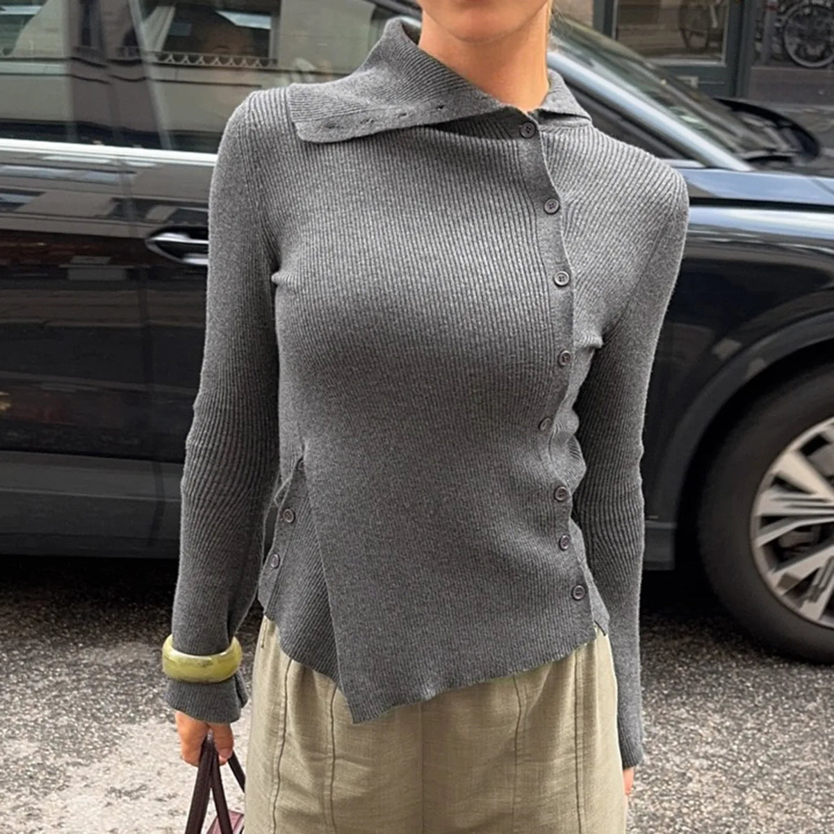 Cyflymder  Elegant Simple Solid Turn Down Collar Lrregular Single Breasted Pullovers Y2k Aesthetic Knitted Casual French Tops Punk Knitted
