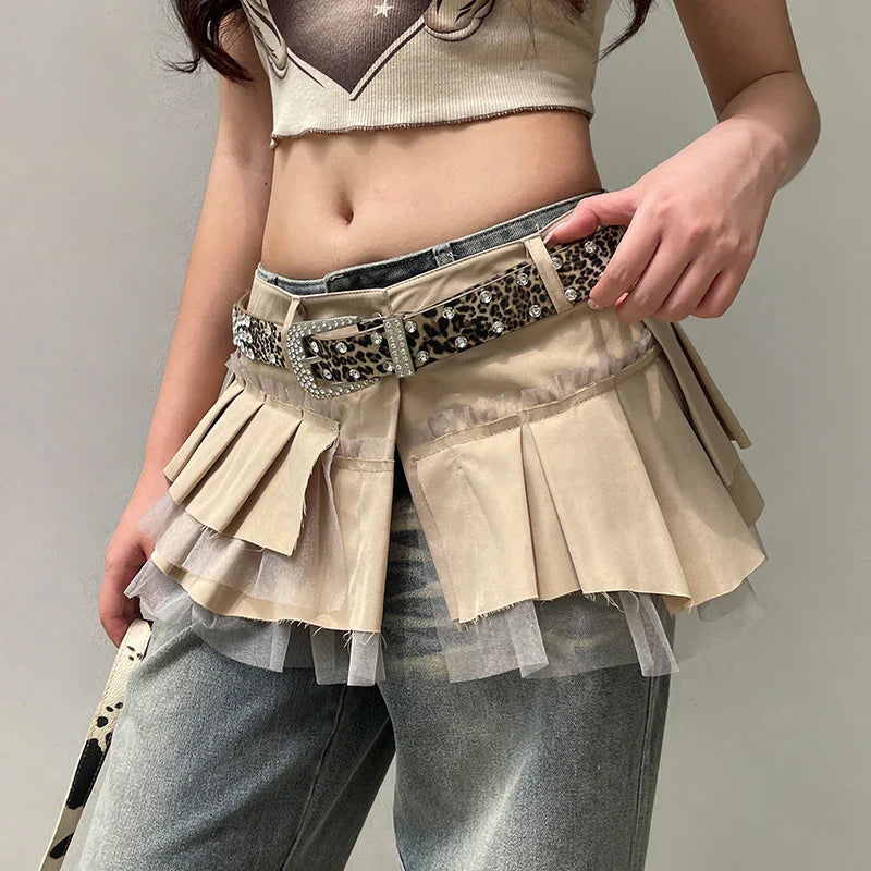 Cyflymder Fairycore Grunge A-line Cargo Skirt Khaki Low-waisted Mesh Patchwork Pleated Super-short Skirts Layering Bottoms Street