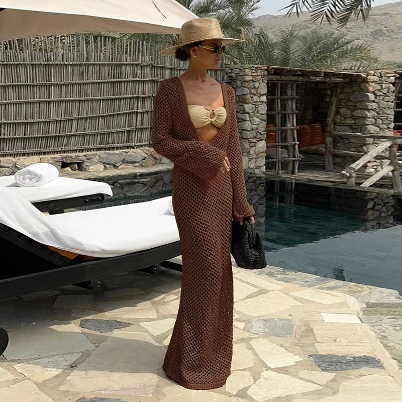 Cyflymder  Sexy U-neck Bell Sleeve Knit Maxi Dress Summer 2024 Women Swimwear Feminine Bikinis Cover-ups Holiday Crochet Beach Outfit K21