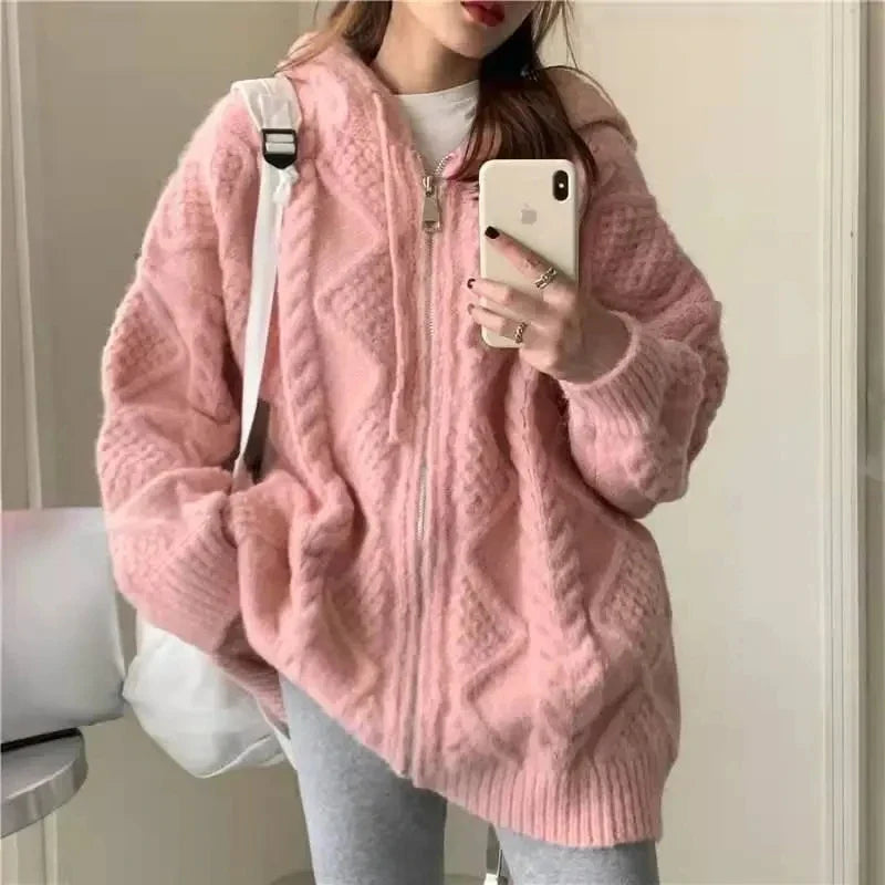 Korean Knit Cardigan Hooded Women Fashion Winter Casual Loose Zipper Thick Sweater All Match Female Streetwear Coats New Cyflymder