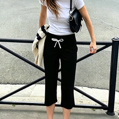 Cyflymder  Solid/Striped Print Capri Pants for Women Low Rise Wide Leg Yoga Capris Summer Going Out Loose Flowy Gaucho Pants Streetwear