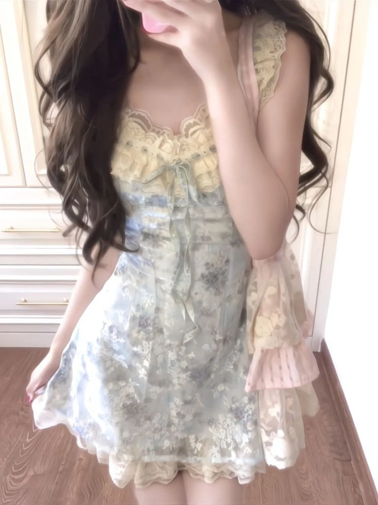 Cyflymder  Coquette Sweet Lace Oil Painting Floral Print Bow Camisole Dress Women Ruched Waist Slim Fit A Line Mini Dress Elegant Outfit