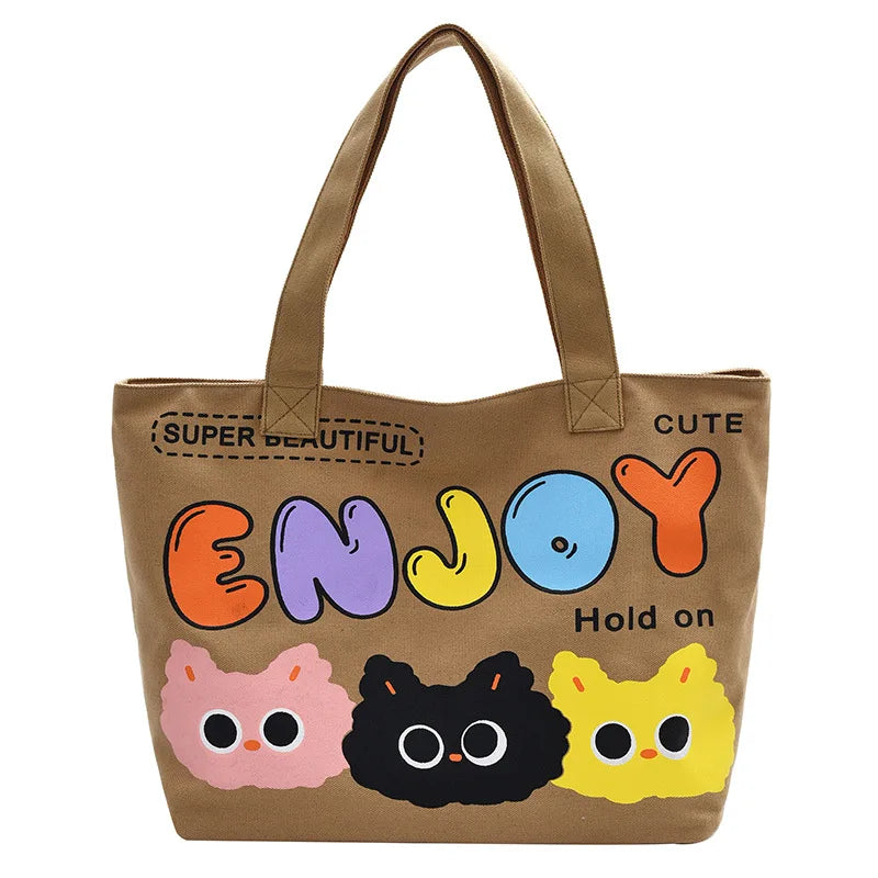 Cyflymder  Letter Printed Tote Bag, Cute Cartoon Canvas Handbag Shoulder Bag, Large Capacity Shopping Bag, Campus Computer School Book Bag