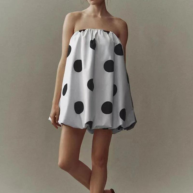 Cyflymder  Women Elegant Hight Waist Loose A-Line Dress Sexy Off Shoulder Strapless Short Dress Retro Polka Dot Print Sleeveless Mini Dress