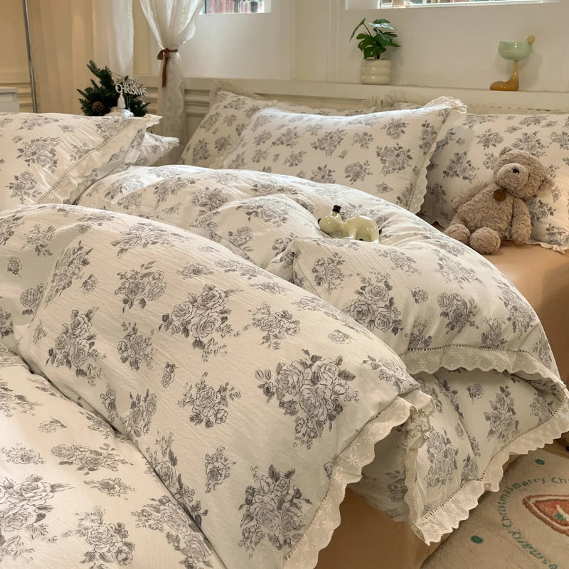 Cyflymder  INS Korean Style 2025 New Yungan Cotton Wrinkled Double-layer Yarn Lace Bedding Sets
