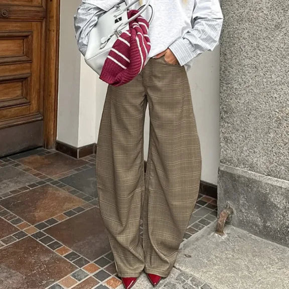 Cyflymder  Spring New Niche Design American Plaid Scimitar Pants Women's Casual Loose Slimming Casual Pants